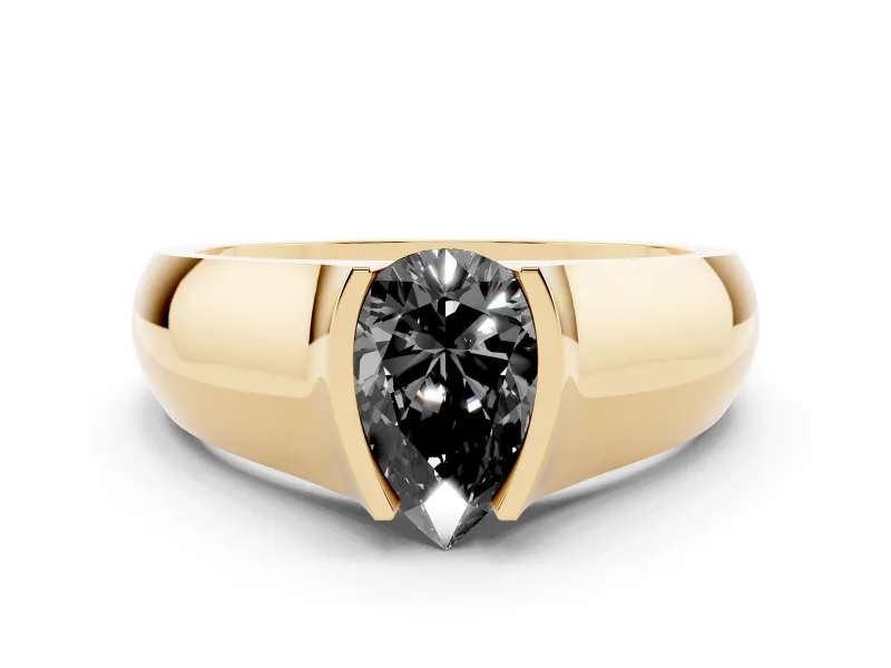 Fancy Black Pear Cut Diamond Bezel Solitaire Ring Set in Yellow gold with Wide Band