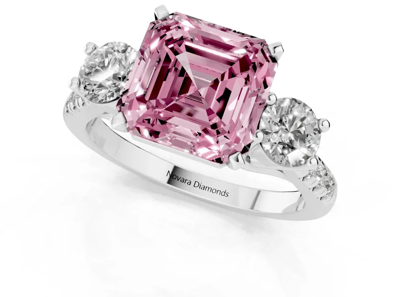 Fancy Pink Three-Stone Asscher Cut Diamond Pavé Band Ring Set in Silver with Prong-Set Trio