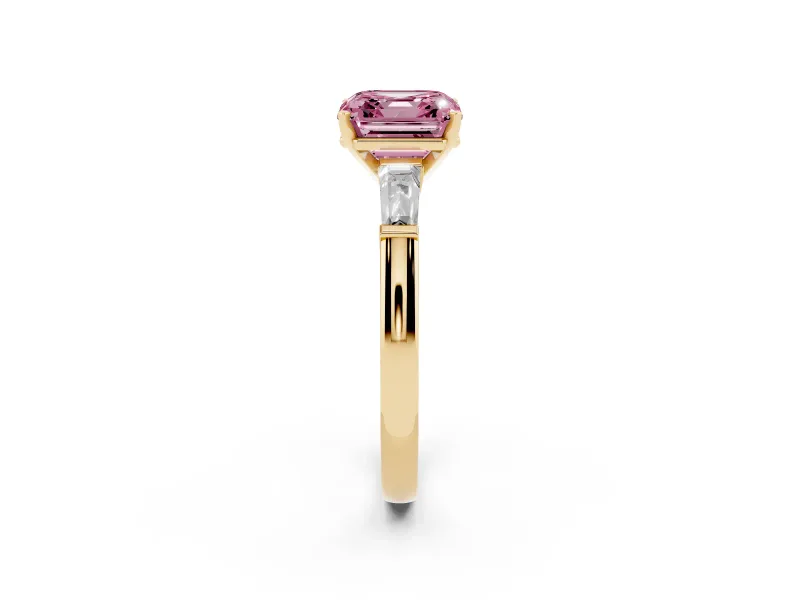 Asscher Cut Three Stone Engagement Ring Setting for a Fancy Pink Lab-Grown Diamond | Tapered Baguettes | Yellow Gold
