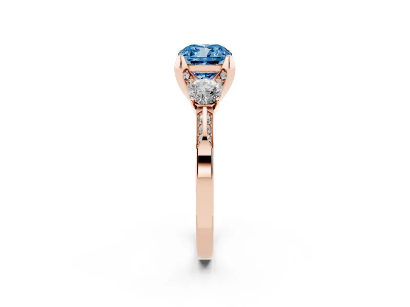Cushion Cut Hidden Halo Three Stone Engagement Ring Setting for a Fancy Blue Lab-Grown Diamond | Rose Gold
