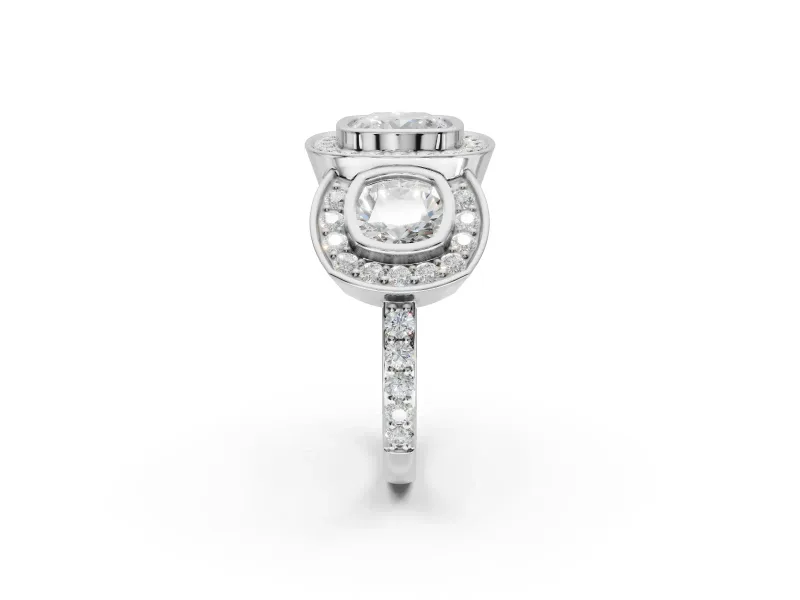 Cushion Cut Three Stone Halo Engagement Ring Setting | Bezel Set | White Gold