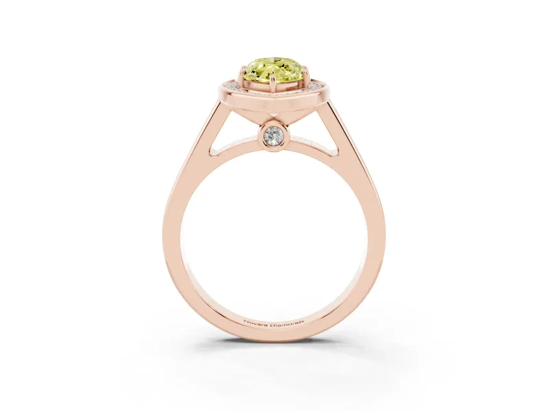 Fancy Yellow Marquise Cut Diamond Halo Solitaire Ring Set in Rose gold with Pavé Band and Bezel Setting
