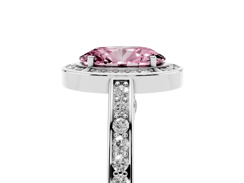 Fancy Pink Oval Cut Diamond Halo Pavé Split Shank Ring Set in Silver with Prong Setting