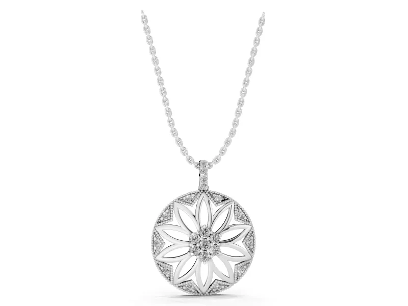 Round Lab-Grown Diamond Cluster Flower Pendant Necklace | Milgrain Frame | White Gold