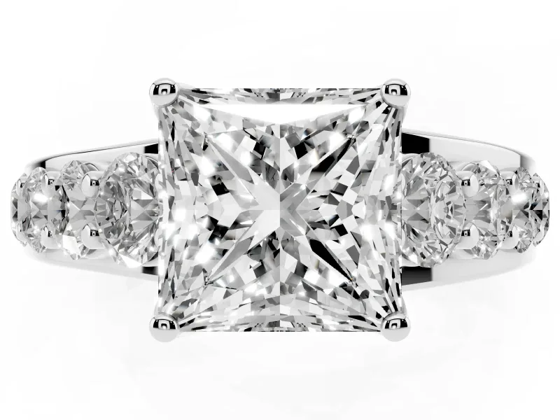 Princess Cut Graduated Side Stone Engagement Ring Setting | Shared Prong Rails | Sterling Silver