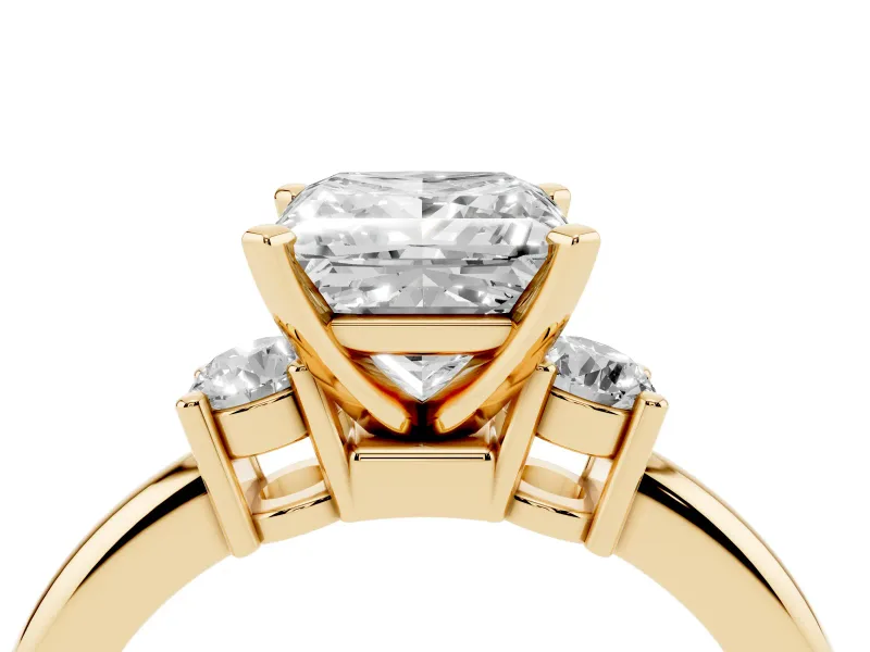 Princess Cut Three Stone Engagement Ring Setting | Round Side Stones | Yellow Gold