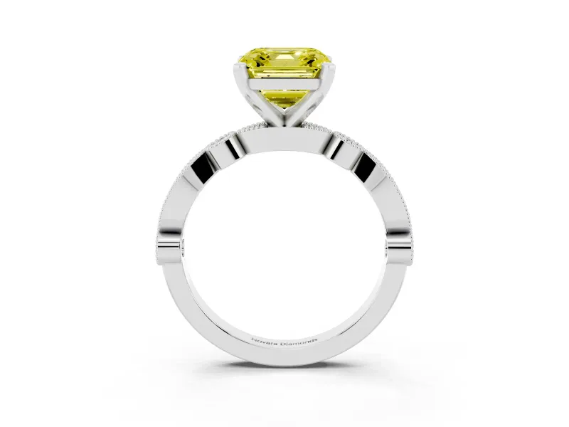 Fancy Yellow Asscher Cut Diamond Solitaire Engagement Ring Set in Platinum with Milgrain Bezel Accent Band