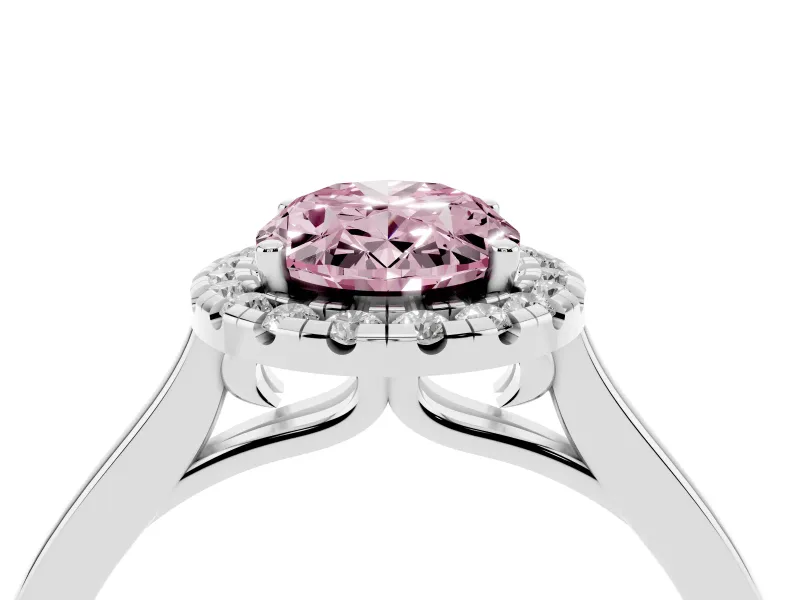 Fancy Pink Oval Cut Halo Round Diamond Solitaire Ring Set in Platinum with Pavé Band and Prong Setting
