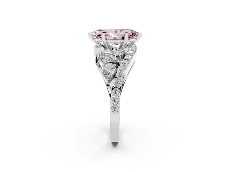 Fancy Pink Marquise Cut Diamond Halo Ring Set in Platinum with Marquise and Pavé Band in Prong Setting