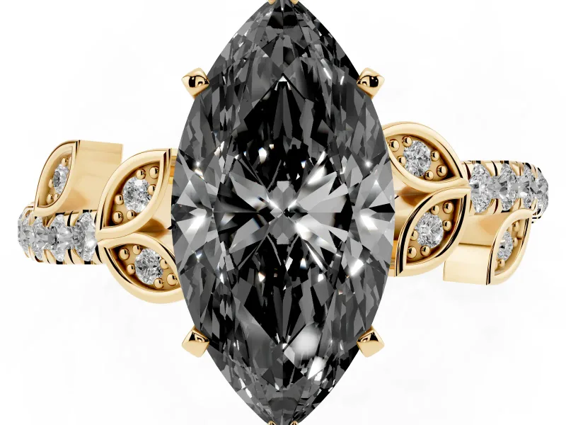 Fancy Black Marquise Cut Diamond Solitaire Leaf-Inspired Ring Set in Yellow gold with Pavé Band and Prong Setting