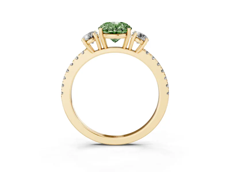 Oval Three Stone Engagement Ring Setting for a Fancy Green Lab-Grown Diamond | Pave Shoulders | Yellow Gold