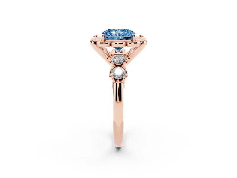 Fancy Blue Radiant Cut Diamond Floral Halo Ring Set in Rose gold with Shared Prong Band