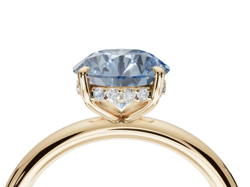 Round Hidden Halo Ring Setting for a Fancy Blue Lab-Grown Diamond | Yellow Gold