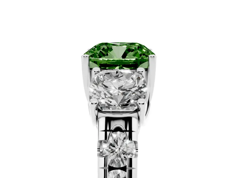 Cushion Cut Three Stone Engagement Ring Setting for a Fancy Green Lab-Grown Diamond | Accented Shoulders | Platinum