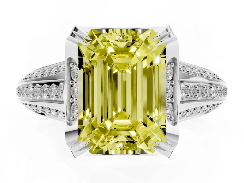 Fancy Yellow Emerald Cut Diamond Pavé Split Shank Solitaire Ring Set in Silver with Prong Setting