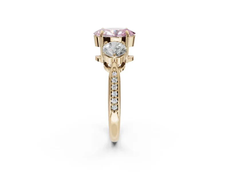 Oval Three Stone Engagement Ring Setting for a Fancy Pink Lab-Grown Diamond | Tapered Pave Band | Yellow Gold