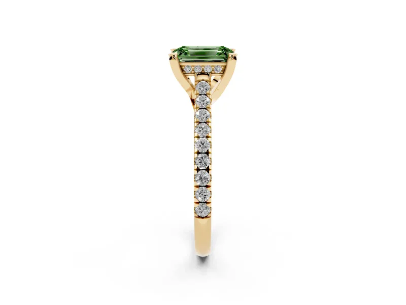Emerald Cut Hidden Halo Pave Engagement Ring Setting for a Fancy Green Lab-Grown Diamond | Claw Prongs | Yellow Gold