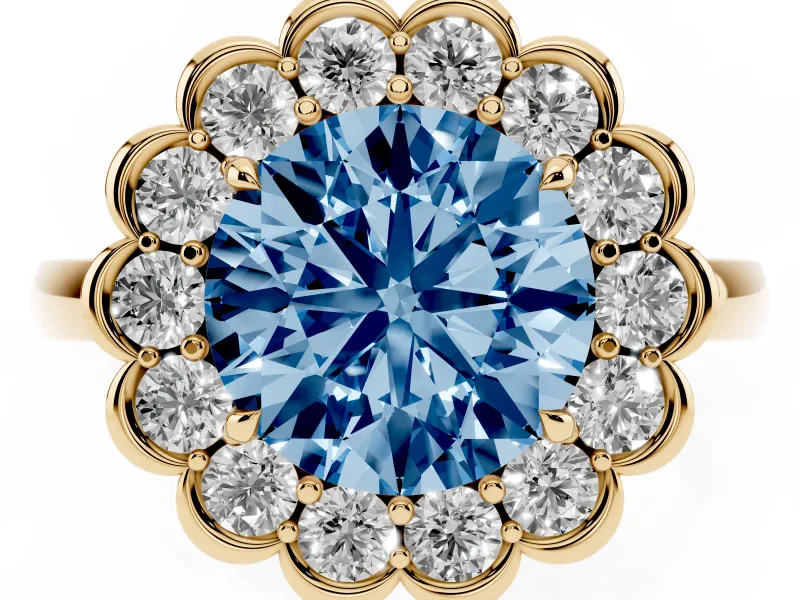 Round Scalloped Cluster Halo Engagement Ring Setting for a Fancy Blue Lab-Grown Diamond | Plain Band | Yellow Gold