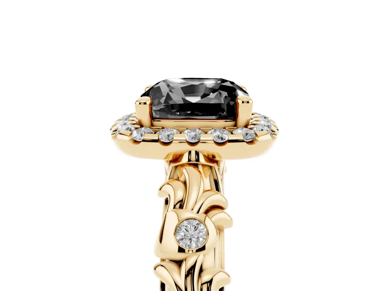 Cushion Cut Leaf Halo Engagement Ring Setting for a Black Center | Bezel Accents | Yellow Gold