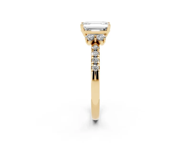 Emerald Cut Side Stone Pave Engagement Ring Setting | Paired Round Accents | Yellow Gold