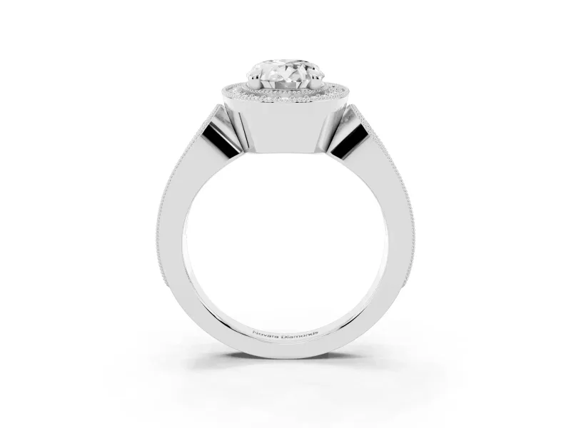 Oval Vintage Milgrain Halo Engagement Ring Setting | Open Loop Pave Shoulders | White Gold