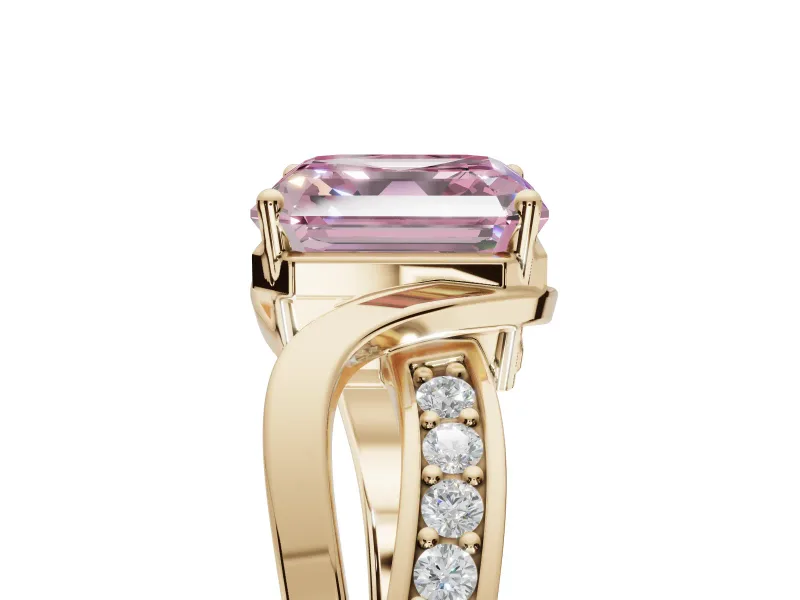 Asscher Cut Bypass Solitaire Engagement Ring Setting for a Fancy Pink Lab-Grown Diamond | Pavé Strands | Yellow Gold