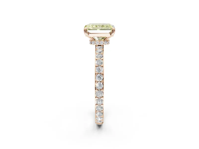 Radiant Cut Hidden Halo Engagement Ring Setting for a Fancy Yellow Lab-Grown Diamond | Pavé Band | Rose Gold