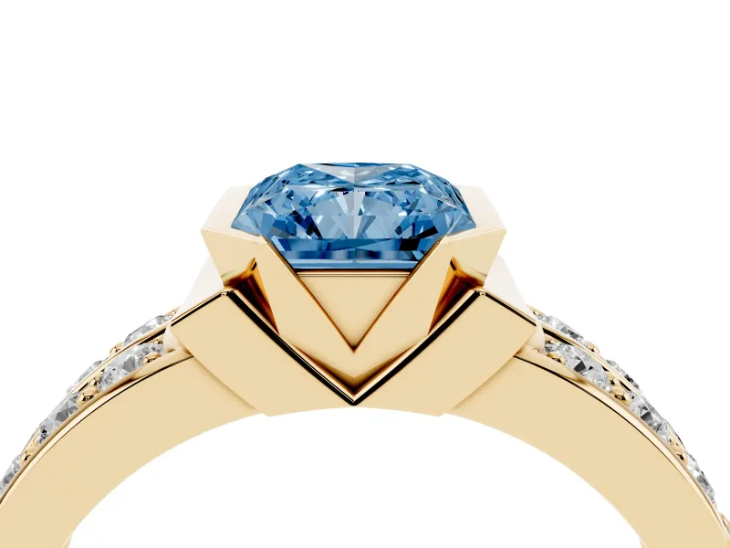 Radiant Cut Half Bezel Engagement Ring Setting for a Fancy Blue Lab-Grown Diamond | Channel Band | Yellow Gold