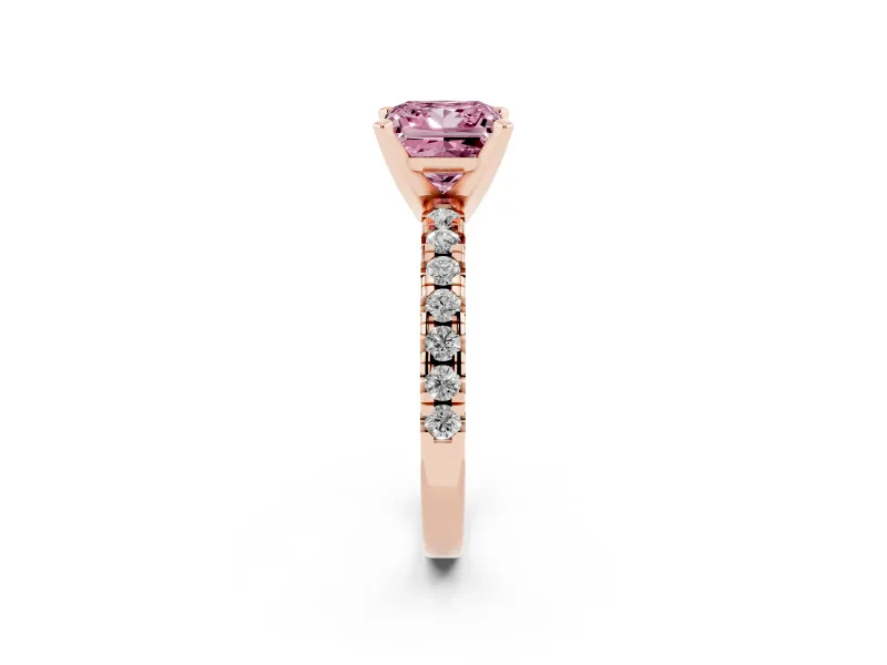 Fancy Pink Princess Cut Diamond Solitaire Pavé Engagement Ring Set in Rose gold with Round Band and Prong Setting