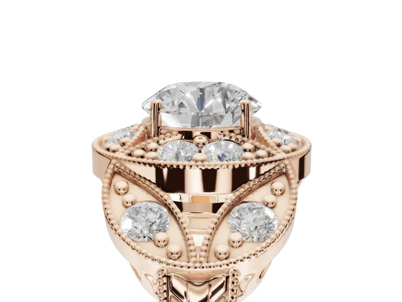 Round Vintage Floral Halo Engagement Ring Setting | Engraved Milgrain Band | Rose Gold