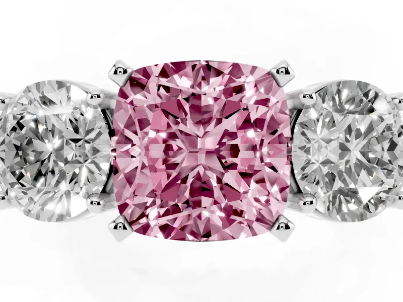 Cushion Cut Three Stone Engagement Ring Setting for a Fancy Pink Lab-Grown Diamond | Wide Plain Band | Platinum