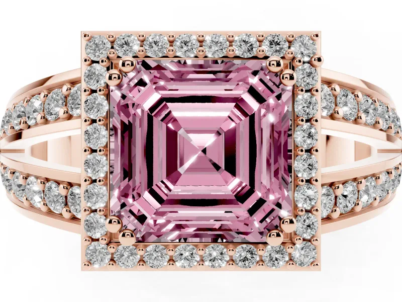 Asscher Cut Halo Engagement Ring Setting for a Fancy Pink Lab-Grown Diamond | Two-Row Pave Split Shank | Rose Gold