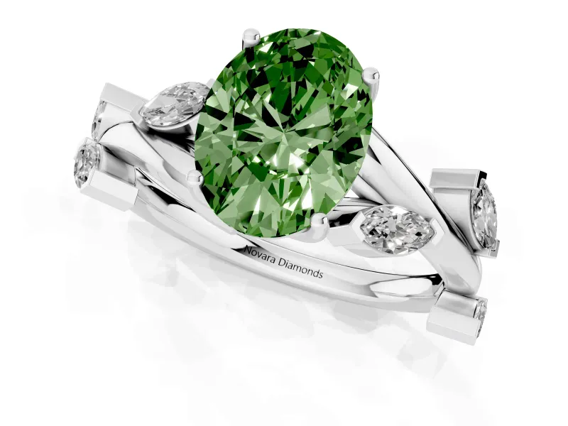 Fancy Green Oval Cut Diamond Solitaire Ring Set in Silver with Twisted Marquise Accent Band
