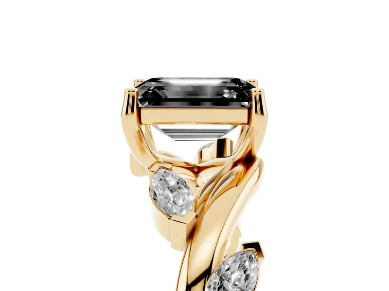 Fancy Black Emerald Cut Diamond Solitaire Ring Set in Yellow gold with Twisted Marquise Accent Band