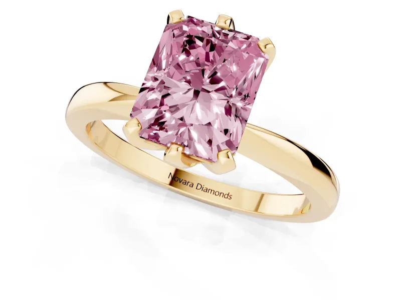 Fancy Pink Radiant Cut Diamond Solitaire Engagement Ring Set in Yellow gold with Slim Tapered Solitaire Band