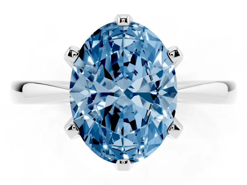 Fancy Blue Oval Cut Diamond Solitaire Engagement Ring Set in Silver with Slim Tapered Solitaire Band
