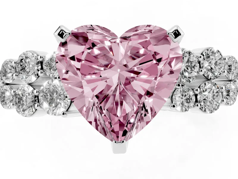 Fancy Pink Heart Cut Diamond Cluster Engagement Ring Set in White gold with Pavé Band and Prong Setting