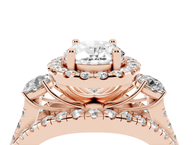 Oval Halo Split Shank Engagement Ring Setting | Round Side Stones | Rose Gold