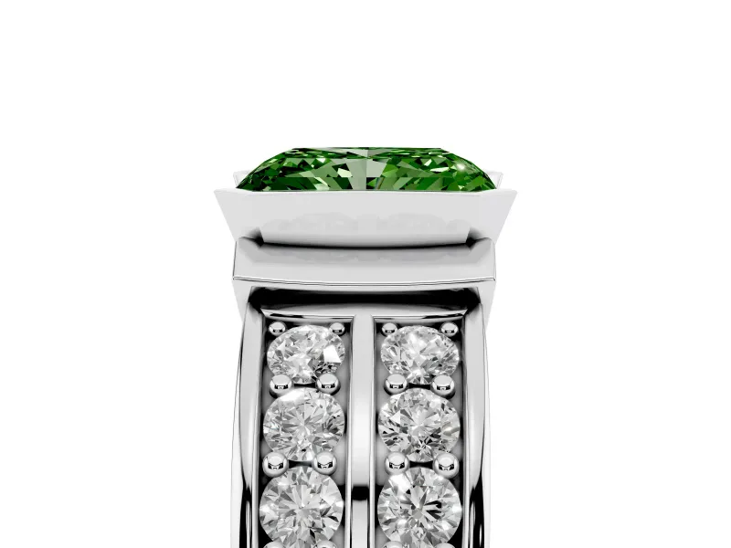 Radiant Cut Half Bezel Engagement Ring Setting for a Fancy Green Lab-Grown Diamond | Channel Band | White Gold