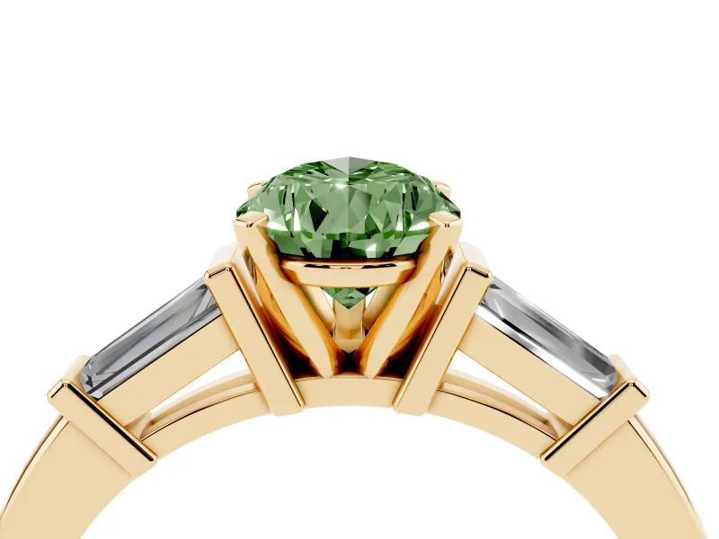Fancy Green Pear Cut Diamond Solitaire Ring Set in Yellow gold with Tapered Baguette Accents and Prong Setting