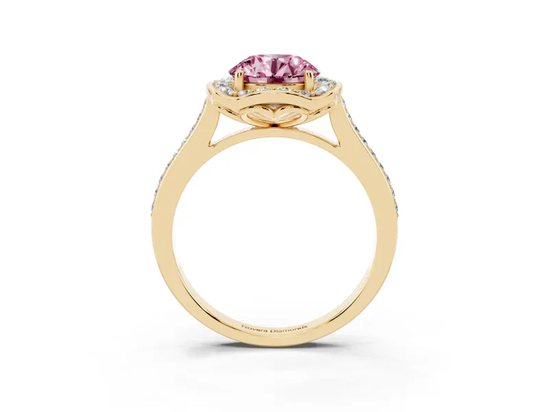 Round Halo Engagement Ring Setting for a Fancy Pink Lab-Grown Diamond | Petal Tips | Yellow Gold