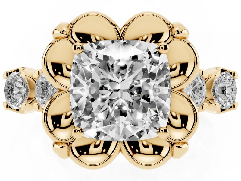 Cushion Cut Floral Engagement Ring Setting | Petal Frame and Side Stones | Yellow Gold