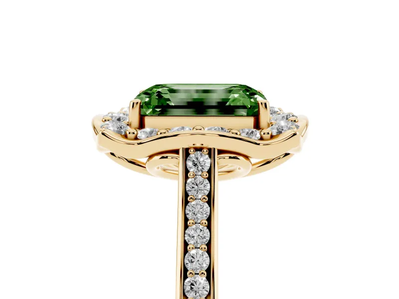 Emerald Cut Petal Tip Halo Engagement Ring Setting for a Fancy Green Lab-Grown Diamond | Pavé Band | Yellow Gold