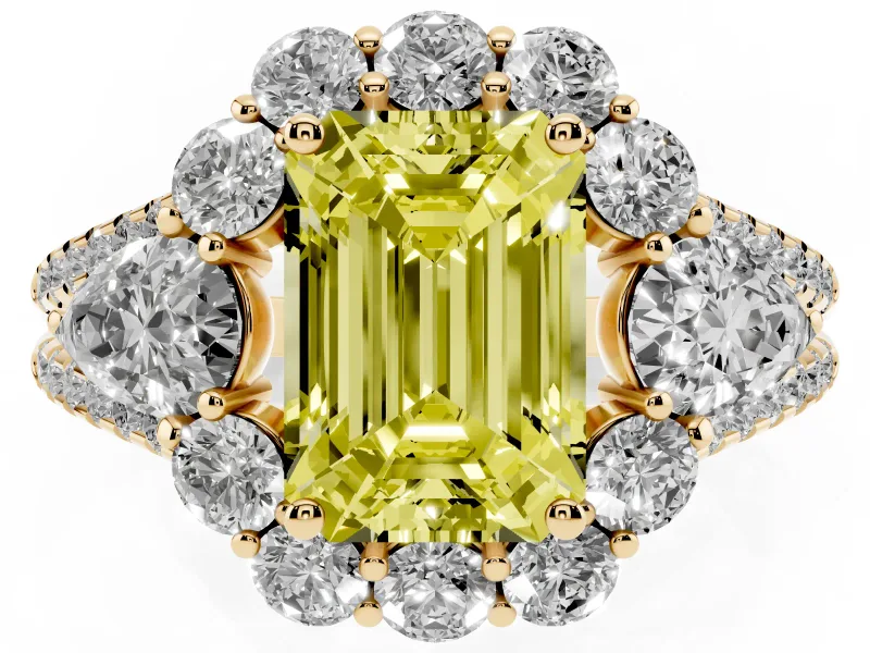 Fancy Yellow Emerald Cut Diamond Halo Split Shank Engagement Ring Set in Yellow gold with Prong-Held Center Stone