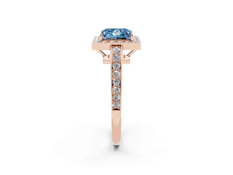 Fancy Blue Princess Cut Diamond Halo Pavé Engagement Ring Set in Rose gold with Bezel Setting