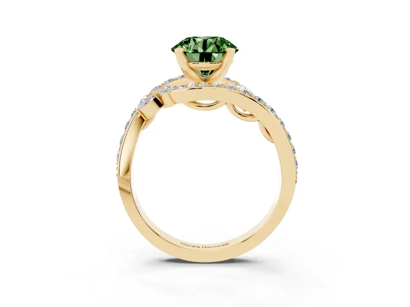 Fancy Green Round Cut Diamond Solitaire Ring Set in Yellow gold with Pavé Twist Band and Secure Prong Setting