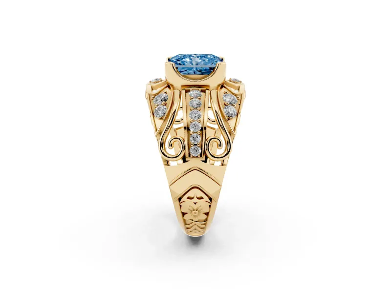 Radiant Cut Art Deco Engagement Ring Setting for a Fancy Blue Lab-Grown Diamond | Yellow Gold
