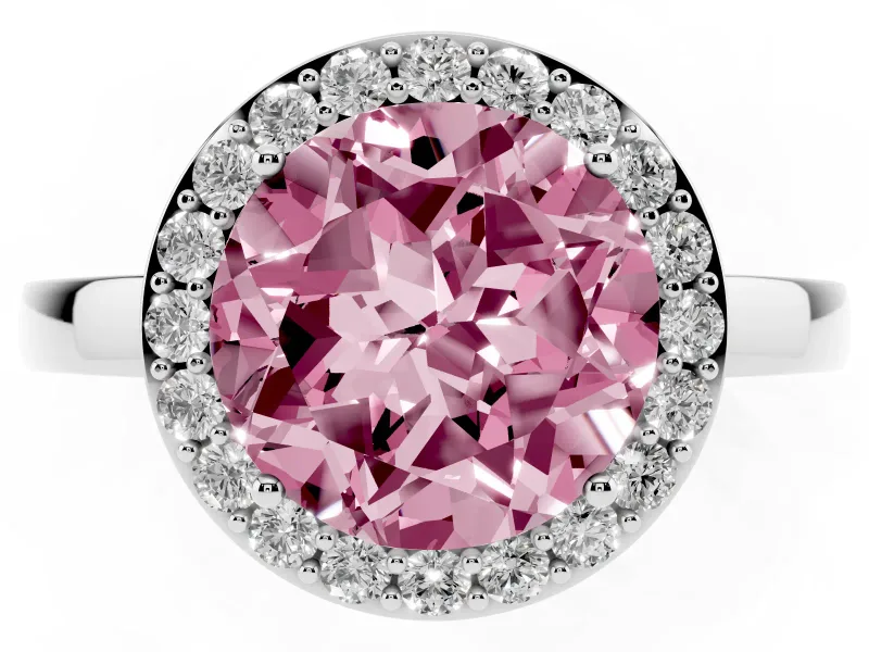 Fancy Pink Round Cut Diamond Halo Ring Set in White gold with Solitaire Band and Prong Setting