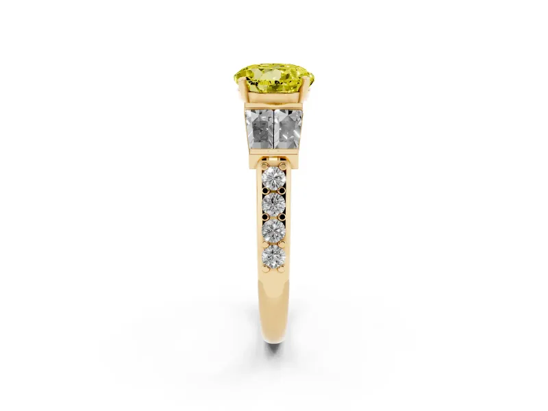 Round Channel Set Baguette Engagement Ring Setting for a Fancy Yellow Lab-Grown Diamond | Paired Baguettes | Yellow Gold