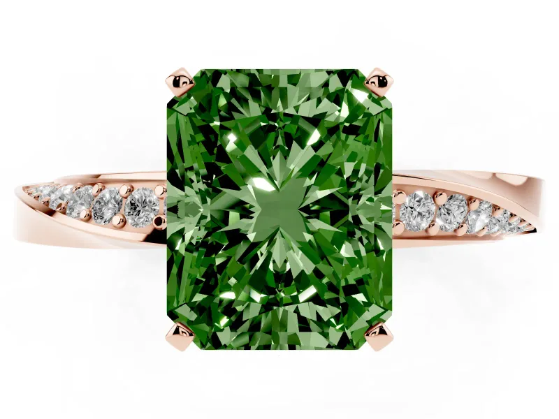 Fancy Green Radiant Cut Diamond Engagement Ring Set in Rose gold with Side Stone Accents and Prong Setting